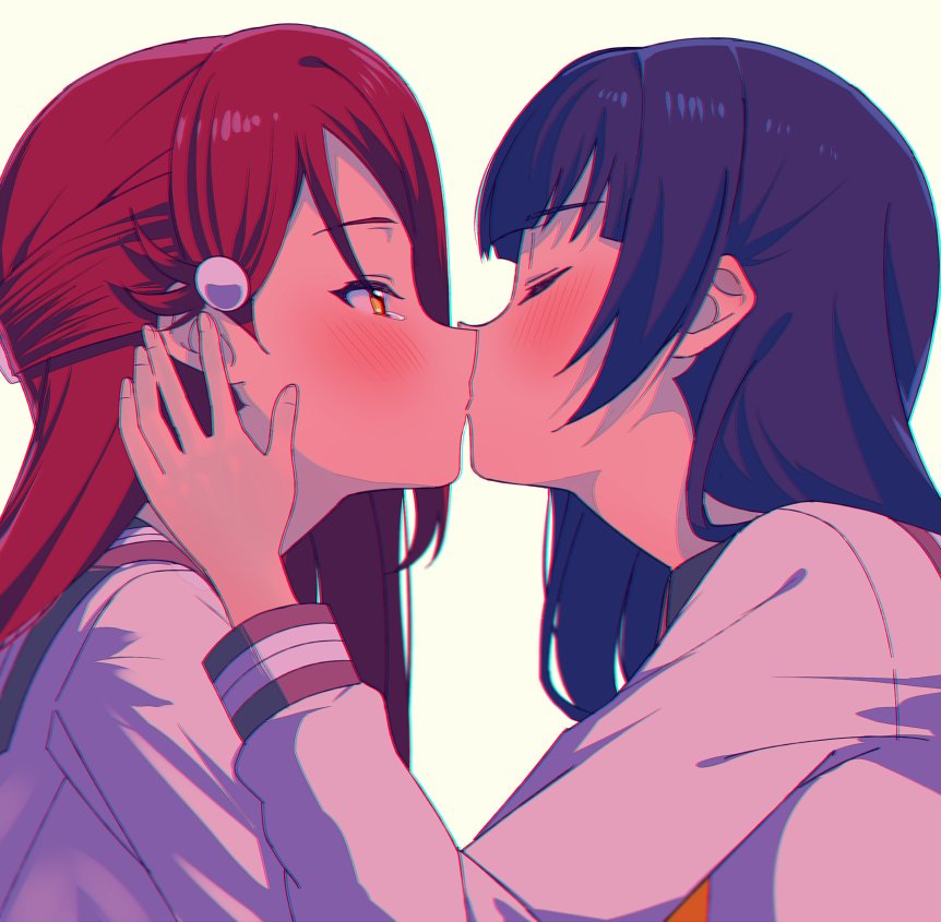 2girls bangs blue_hair blush closed_eyes commentary_request hair_ornament hairclip half_updo hand_on_another's_face kiss long_hair long_sleeves looking_at_another love_live! love_live!_sunshine!! multiple_girls sakurauchi_riko school_uniform sellel serafuku simple_background tears tsushima_yoshiko upper_body uranohoshi_school_uniform yellow_background yellow_eyes yuri