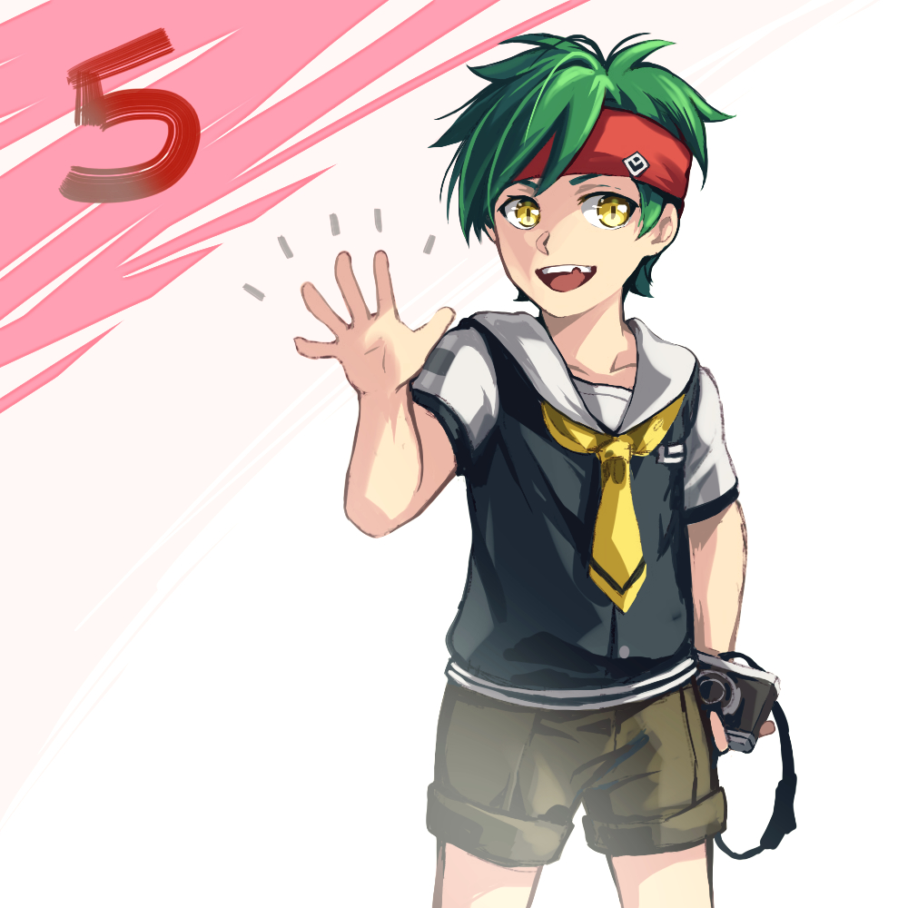1boy 5 :d brown_shorts camera child collarbone cowboy_shot green_hair headband holding holding_camera jin_(phoenixpear) looking_at_viewer mikajime_ryo missing_tooth neckerchief number open_mouth red_headband sailor_collar short_shorts short_sleeves shorts slit_pupils smile solo standing white_sailor_collar yellow_eyes yellow_neckwear zanki_zero