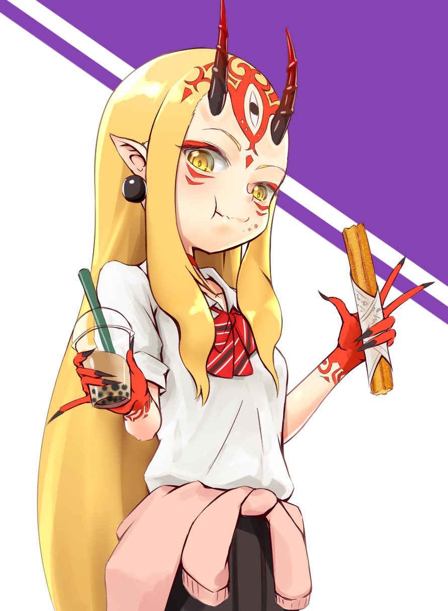 1girl bangs black_earrings black_skirt blonde_hair commentary_request earrings eating facial_mark fate/grand_order fate_(series) food from_below highres holding holding_drink holding_food horns ibaraki_douji_(fate/grand_order) jewelry long_hair looking_at_viewer oni oni_horns oniku_(pixiv_28205308) pointy_ears shirt skirt solo tattoo white_shirt yellow_eyes