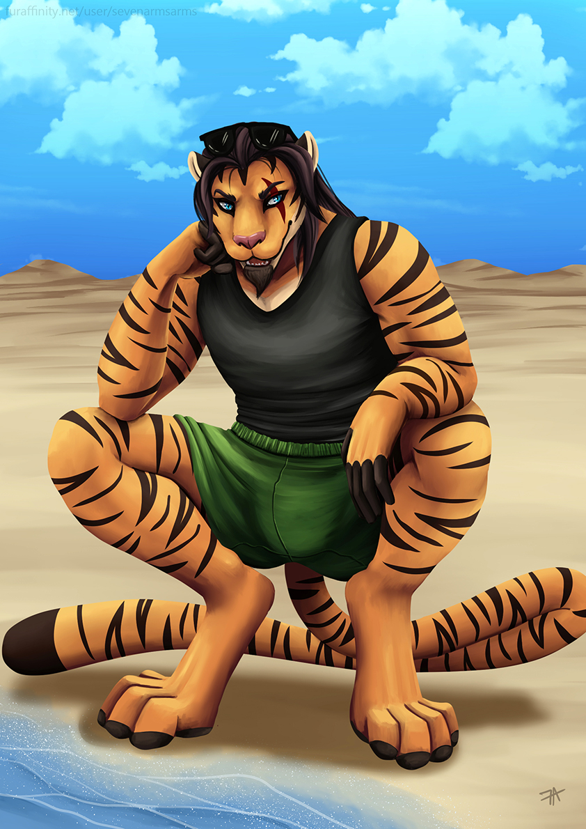2019 beach clothed clothing digital_media_(artwork) felid male mammal muscular pantherine seaside sevenarms smile solo stripes summer tiger