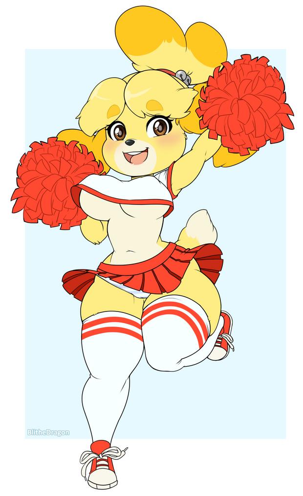 2019 animal_crossing anthro blithedragon blush bottomwear breasts camel_toe canid canine canis cheerleader clothing domestic_dog female footwear fur hair isabelle_(animal_crossing) mammal navel nintendo nipple_outline open_mouth pom_poms pompoms shih_tzu simple_background skirt solo toy_dog under_boob underwear video_games yellow_fur