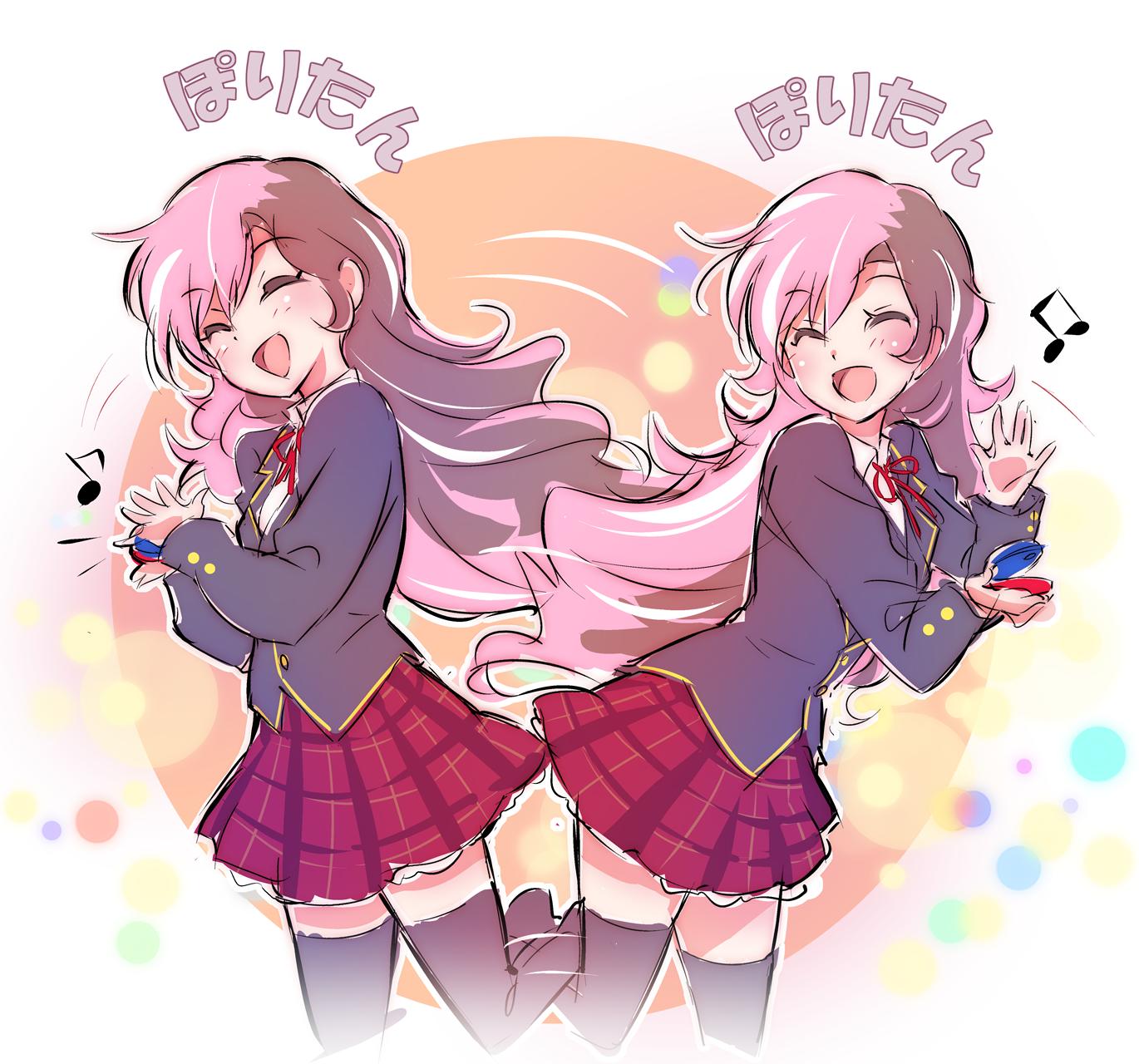 1girl alternate_costume beamed_eighth_notes black_legwear blazer blush brown_hair castanets closed_eyes commentary eighth_note highres iesupa instrument jacket k-on! long_hair long_sleeves motion_lines multicolored_hair music musical_note neck_ribbon neo_(rwby) open_mouth parody pink_hair plaid plaid_skirt playing_instrument polka_dot polka_dot_background red_neckwear ribbon rwby school_uniform shirt skirt smile solo standing tagme thighhighs translation_request un_tan very_long_hair white_shirt zettai_ryouiki