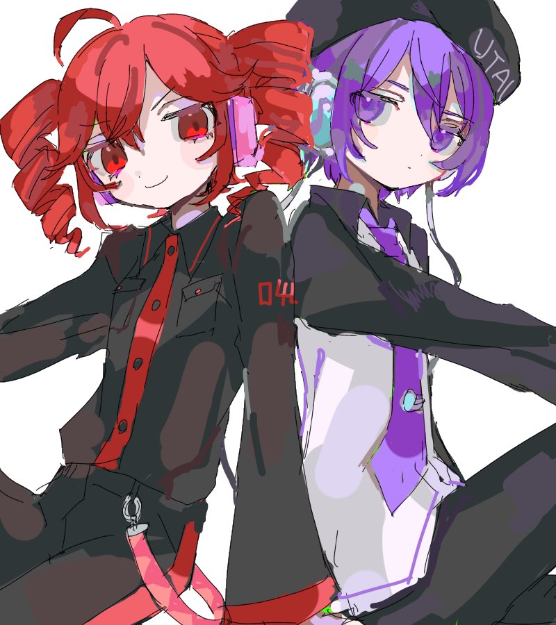 2girls ahoge beret black_hat black_shirt breast_pocket closed_mouth clothes_writing collared_shirt drill_hair ebi834 hat kasane_teto long_sleeves multiple_girls necktie pocket purple_eyes purple_hair purple_necktie red_eyes red_hair red_trim robot_ears shirt short_hair simple_background smile twin_drills utane_uta utau v-shaped_eyebrows white_background