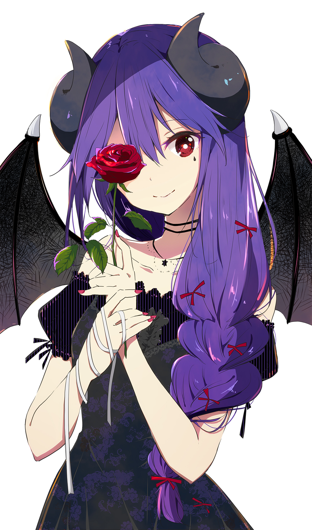 1girl bangs black_dress black_wings braid chikanoko closed_mouth collarbone commentary_request curled_horns demon_horns demon_wings dress eyebrows_visible_through_hair facial_mark fingernails flower hair_between_eyes head_tilt highres holding holding_flower horns long_hair nail_polish naito_mare puffy_short_sleeves puffy_sleeves purple_hair ragho_no_erika red_eyes red_flower red_nails red_rose rose short_sleeves simple_background single_braid smile solo upper_body very_long_hair white_background wings