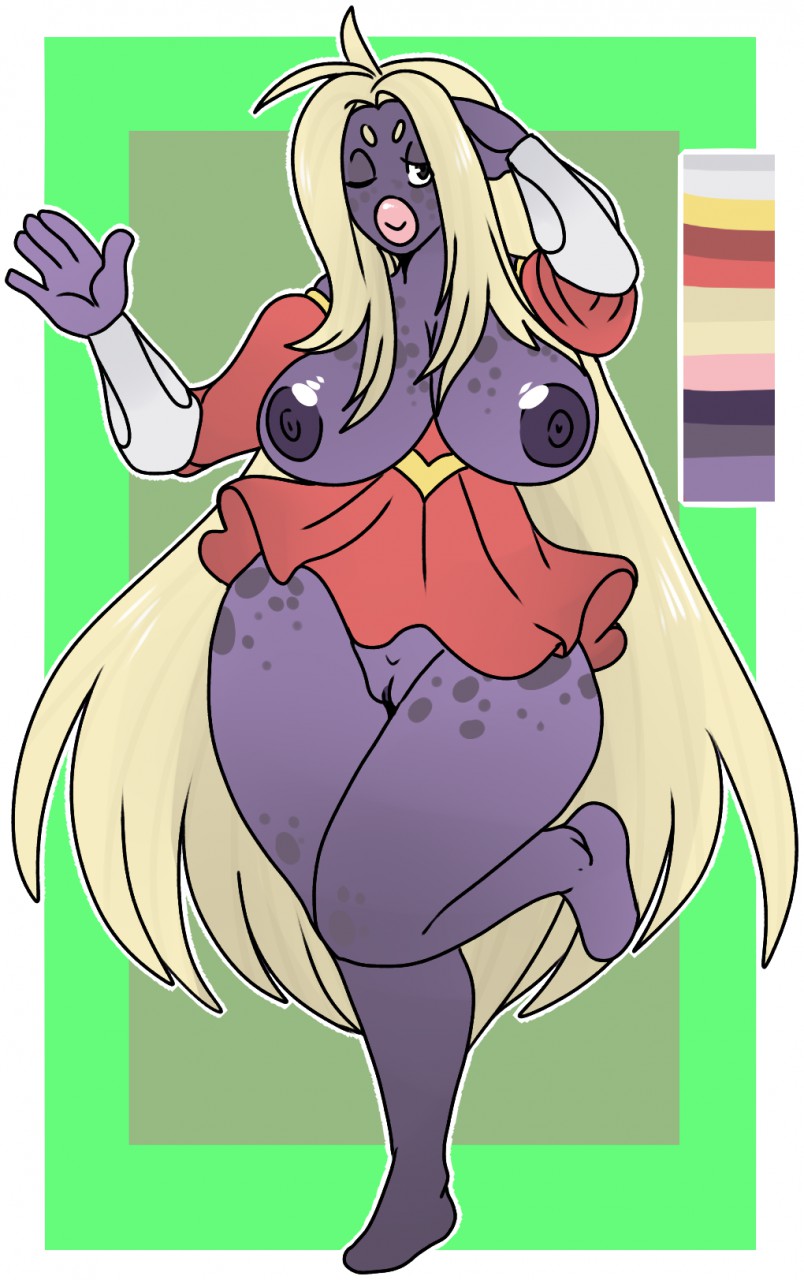 big_breasts big_lips blonde_hair breasts demonnyuu female hair hi_res humanoid jynx lips long_hair nintendo nipples not_furry nude pok&eacute;mon pok&eacute;mon_(species) pok&eacute;morph purple_skin pussy solo video_games