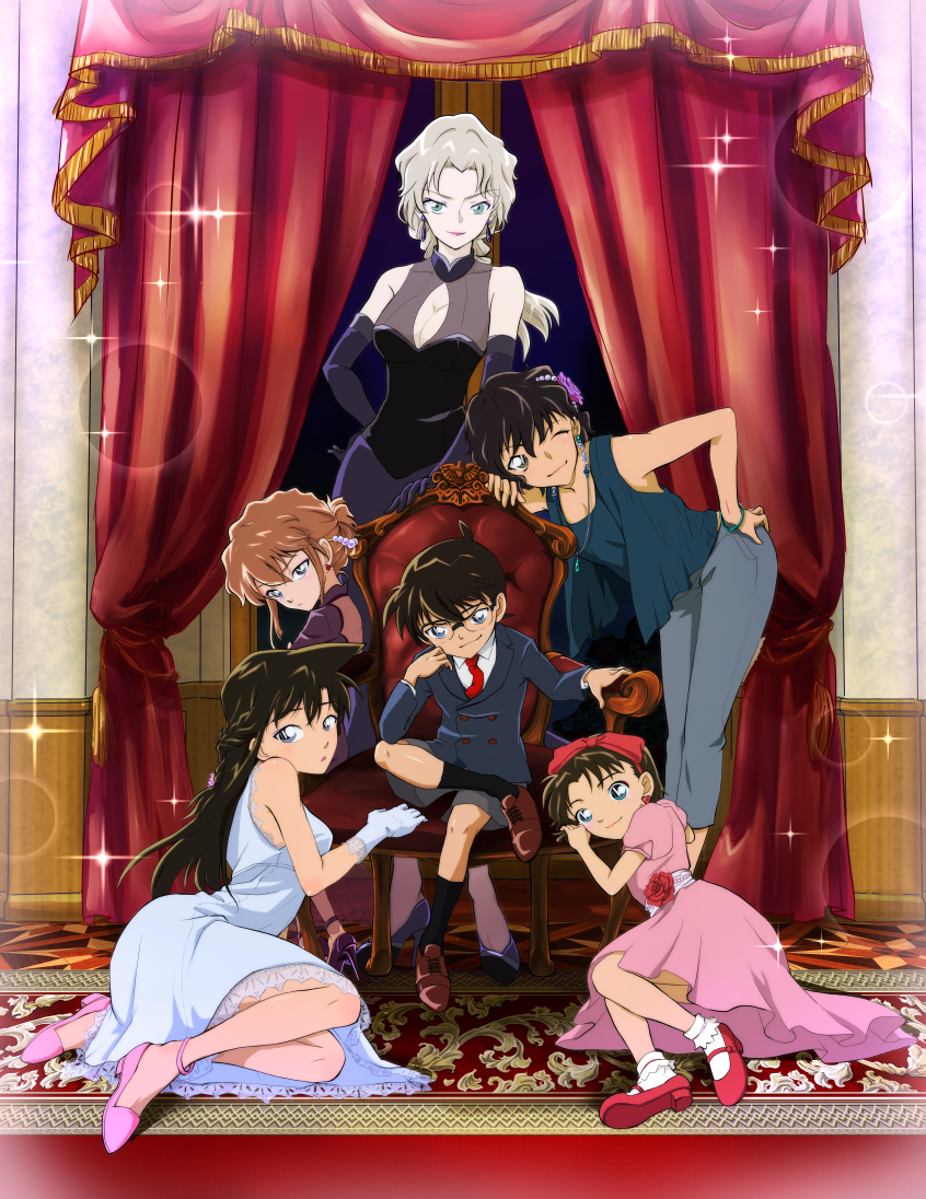 1boy 5girls ;) anklet bent_over black_dress black_gloves black_hair blue_eyes blue_shirt bow bracelet breasts brown_footwear brown_hair cleavage cleavage_cutout closed_mouth curtains dress edogawa_conan elbow_gloves evening_gown floating_hair gloves grey_pants haibara_ai hair_bow hand_on_hip head_rest head_tilt high_heels indoors jewelry loafers long_hair looking_at_viewer mary_janes medium_breasts meitantei_conan mouri_ran multiple_girls one_eye_closed pants pink_dress pink_footwear purple_footwear red_bow red_footwear sera_masumi shirt shoes short_hair short_sleeves silver_hair sleeveless sleeveless_dress sleeveless_shirt small_breasts smile smug socks sparkle tsubame8982 vermouth_(meitantei_conan) white_dress white_gloves white_legwear