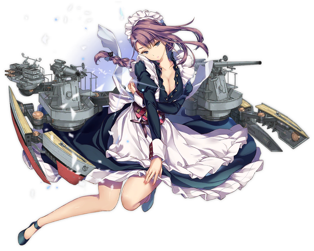 1girl apron arm_under_breasts azur_lane bangs black_footwear blue_eyes blush bow braid breasts cannon cleavage closed_mouth collarbone curlew_(azur_lane) dress floating_hair frills full_body hair_bow head_tilt juliet_sleeves large_breasts long_hair long_sleeves maid maid_headdress mary_janes moneti_(daifuku) official_art open_mouth parted_lips puffy_sleeves purple_bow purple_hair remodel_(azur_lane) rigging rudder_footwear shoes sidelocks single_braid sleeve_cuffs smile solo transparent_background turret wind wind_lift