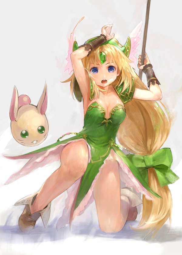 1girl blonde_hair blue_eyes bow breasts cleavage commentary creature dress full_body green_bow grey_background hair_bow helmet kneeling large_breasts long_hair low-tied_long_hair medium_breasts mizore_akihiro open_mouth polearm rabite riesz round_teeth seiken_densetsu seiken_densetsu_3 simple_background teeth thighs very_long_hair weapon winged_helmet