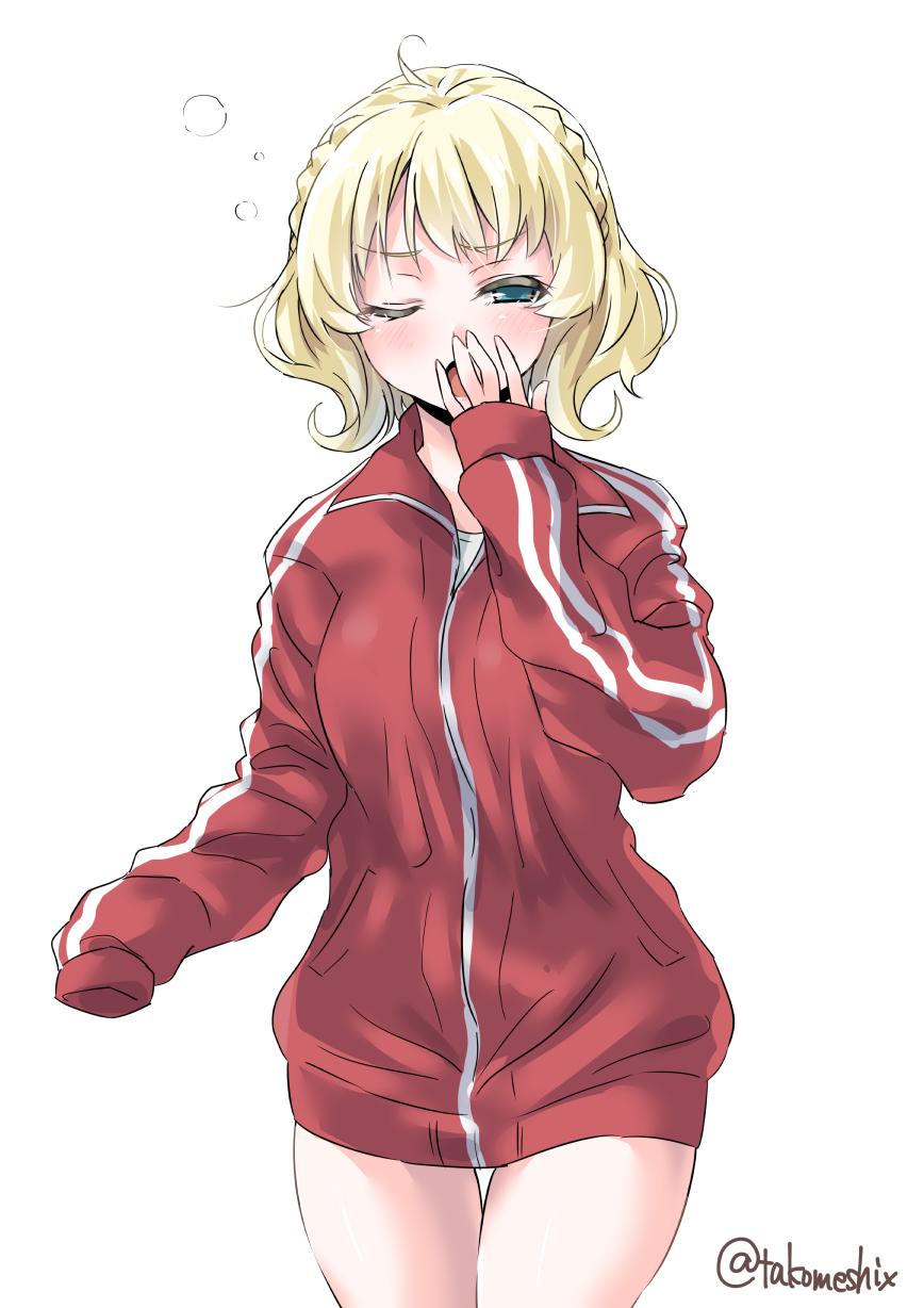 1girl alternate_costume bangs blonde_hair blue_eyes blush braid breasts colorado_(kantai_collection) eyebrows_visible_through_hair highres jacket kantai_collection long_sleeves one_eye_closed open_mouth red_jacket short_hair simple_background sleepy solo takomeshi thighs track_jacket twitter_username white_background yawning