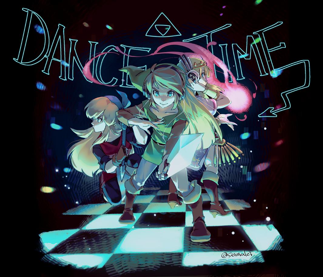 2girls bandana belt blonde_hair cadence_(necrodancer) cadence_of_hyrule cape circlet crypt_of_the_necrodancer gloves interlocked_fingers link looking_at_another looking_at_viewer multiple_girls natsuyon pointy_ears princess_zelda short_hair shove simple_background smile the_legend_of_zelda