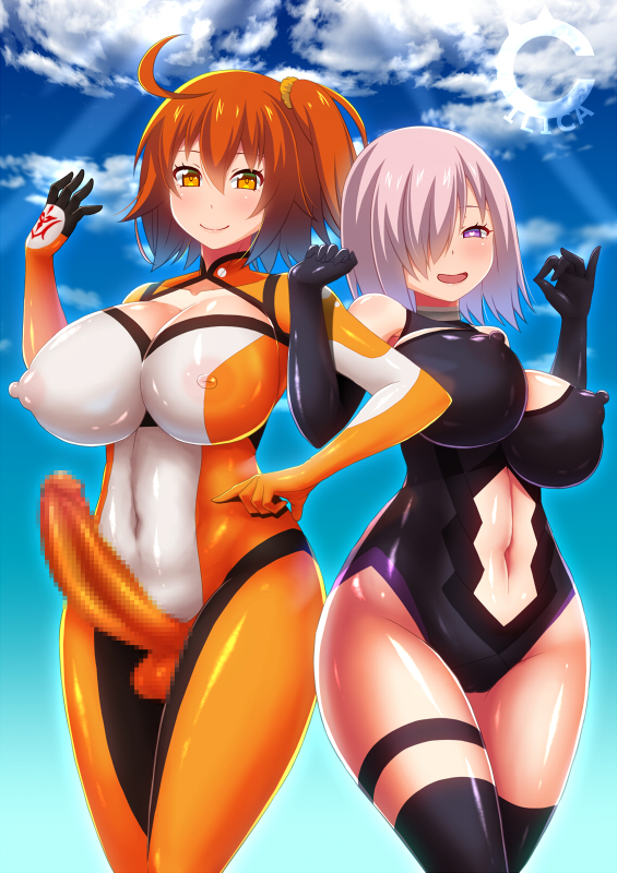 2girls alternate_costume blush bodysuit breasts censored chaldea_combat_uniform cilica cleavage closed_mouth covered_nipples curvy elbow_gloves erection erection_under_clothes fate/grand_order fate_(series) fujimaru_ritsuka_(female) futanari gloves hair_over_one_eye heart heart-shaped_pupils huge_breasts impossible_clothes large_breasts looking_at_viewer mash_kyrielight multiple_girls nipples open_mouth orange_eyes orange_hair penis ponytail purple_eyes purple_hair shiny shiny_clothes shiny_hair shiny_skin short_hair side_ponytail sky smile symbol-shaped_pupils thick_thighs thighs tied_hair