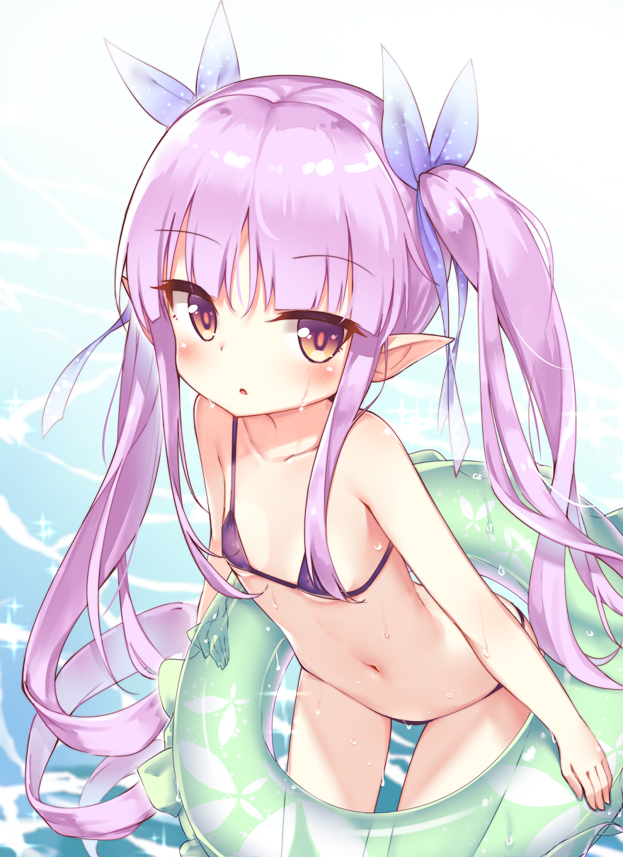 1girl :o asymmetrical_hair bangs bikini blush brown_eyes collarbone commentary_request darnell eyebrows_visible_through_hair flat_chest green_innertube hair_ribbon highres hikawa_kyoka holding holding_innertube innertube korean_commentary leaning_forward long_hair looking_at_viewer multicolored multicolored_eyes navel partial_commentary pointy_ears princess_connect! princess_connect!_re:dive purple_eyes purple_hair ribbon shiny shiny_hair sidelocks solo swimsuit tsurime twintails water wet