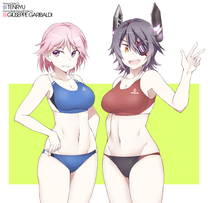 2girls alternate_costume anchor_symbol breasts character_name cleavage collarbone cowboy_shot eyepatch giuseppe_garibaldi_(kantai_collection) groin hands_on_hips headgear kantai_collection large_breasts looking_at_viewer midriff multiple_girls navel pink_eyes pink_hair purple_hair rectangle short_hair souji sports_bikini tenryuu_(kantai_collection) white_background yellow_eyes