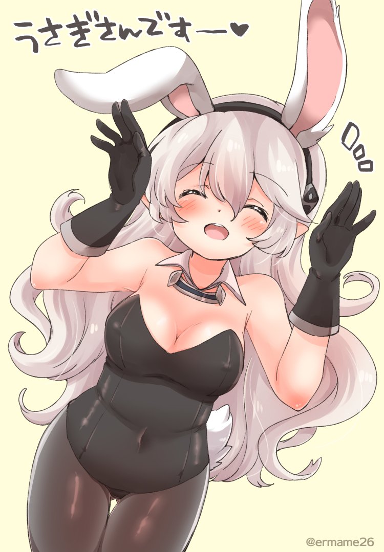 1girl alternate_costume animal_ears black_gloves blush breasts bunny_ears cleavage closed_eyes covered_navel covered_nipples eromame fake_animal_ears female_my_unit_(fire_emblem_if) fire_emblem fire_emblem_if gloves leotard long_hair my_unit_(fire_emblem_if) open_mouth simple_background solo twitter_username white_hair