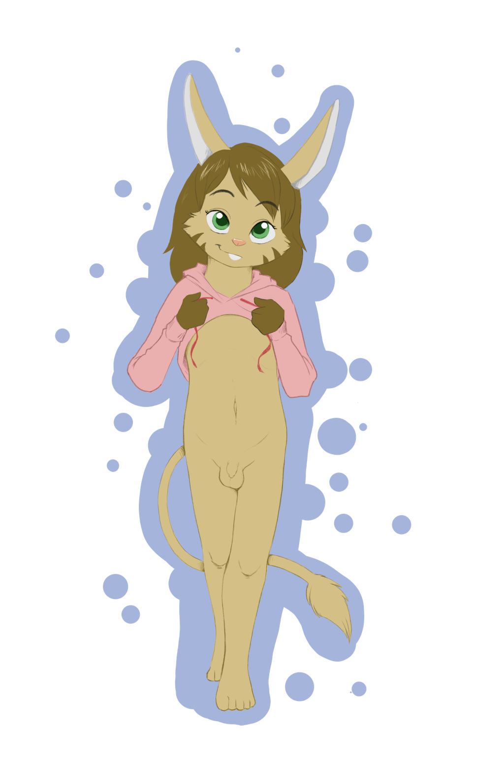 acchan_(arkaid) anthro arkaid balls bottomless clothed clothing felid feline flaccid girly hi_res hybrid lagomorph leporid male mammal penis rabbit solo sweater topwear young