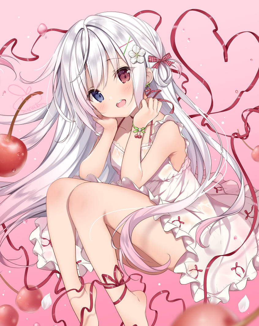 1girl :d ankle_ribbon bangs bare_arms bare_legs bare_shoulders barefoot blue_eyes blush bow cherry choker collarbone commentary_request dress earrings eyebrows_visible_through_hair floating_hair flower food fruit futaba_miwa hair_bow hair_flower hair_ornament hair_ribbon hands_up heart heterochromia jewelry knees_up long_hair looking_at_viewer open_mouth original pink_background red_eyes red_ribbon ribbon ribbon_choker round_teeth sidelocks signature silver_hair sleeveless sleeveless_dress smile solo teeth thighs upper_teeth very_long_hair white_dress white_flower white_hair x_hair_ornament