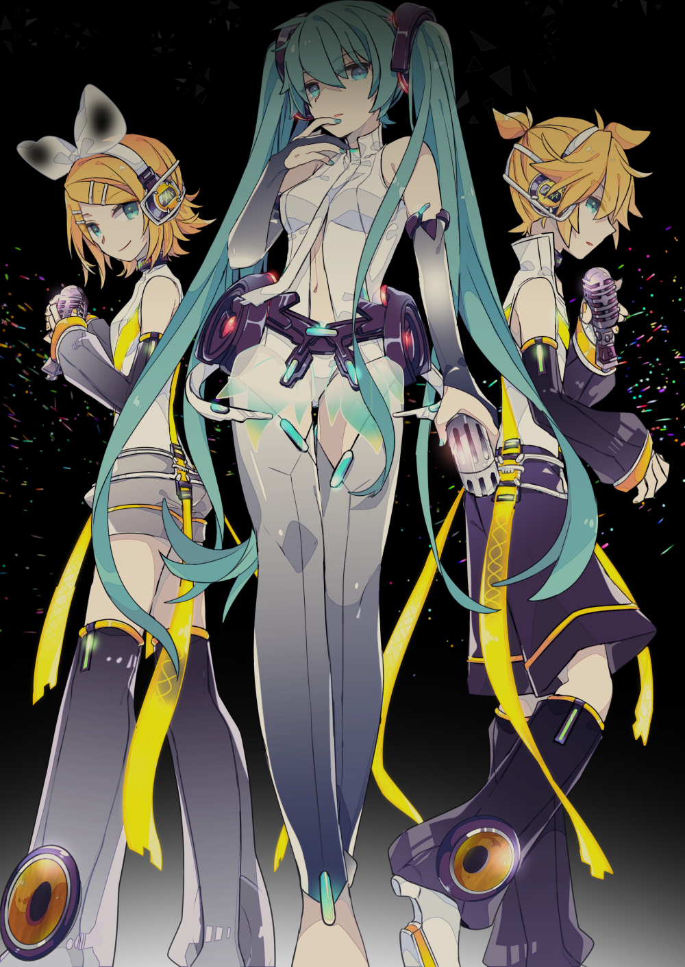1boy 2girls aqua_eyes aqua_hair bangs bare_shoulders barefoot belt black_background blonde_hair bow bridal_gauntlets commentary detached_sleeves english_commentary feet_out_of_frame finger_to_mouth from_below hair_bow hair_ornament hairclip hatsune_miku hatsune_miku_(append) headphones high_collar highres holding holding_microphone kagamine_len kagamine_len_(append) kagamine_rin kagamine_rin_(append) leg_warmers long_hair looking_at_viewer microphone midriff multiple_girls nail_polish navel parted_lips see-through shirt short_hair short_ponytail short_shorts shorts sleeveless sleeveless_shirt smile speaker standing thighhighs twintails utility_belt very_long_hair vocaloid vocaloid_append white_bow yoshiki
