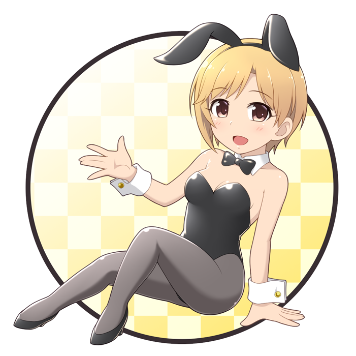 1girl aiba_yumi animal_ears black_leotard blonde_hair bow bowtie brown_eyes bunny_ears bunny_girl bunny_tail bunnysuit checkered checkered_background circle commentary_request detached_collar full_body grey_legwear idolmaster idolmaster_cinderella_girls leotard looking_at_viewer pantyhose pataniito short_hair sitting smile solo strapless strapless_leotard tail wrist_cuffs