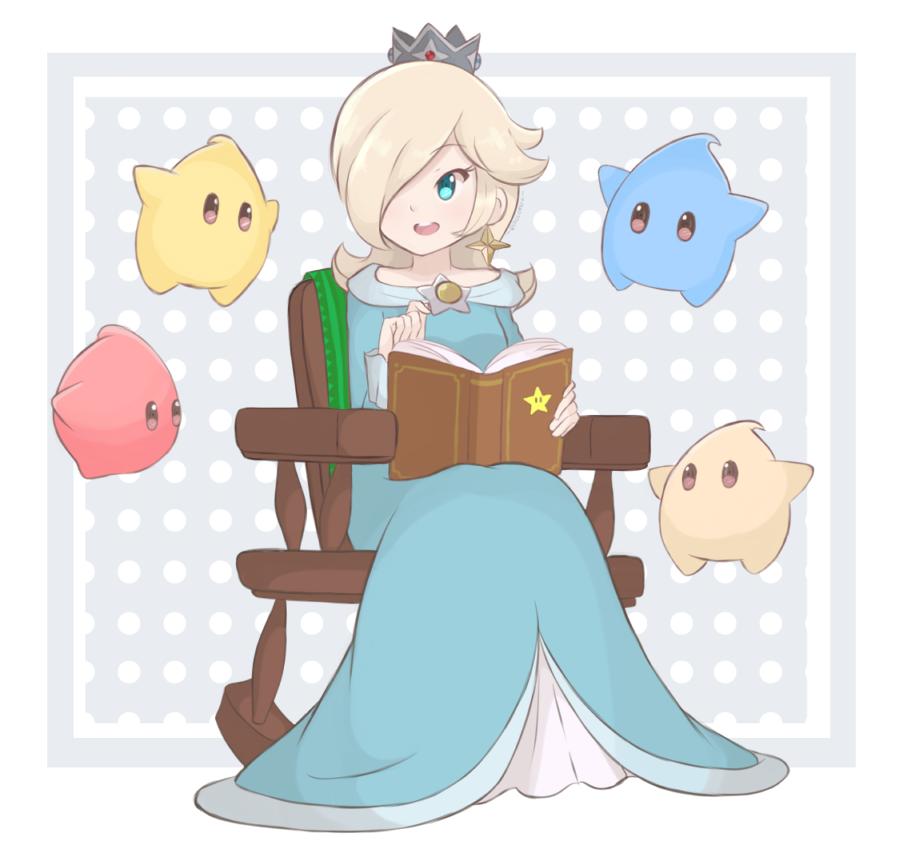 1girl blonde_hair blue_dress blue_eyes book chair chiko_(mario) chocomiru commentary crown dress earrings english_commentary full_body hair_over_one_eye jewelry long_hair long_sleeves mario_(series) open_book open_mouth polka_dot polka_dot_background rocking_chair rosalina sitting smile star star_earrings storybook super_mario_galaxy