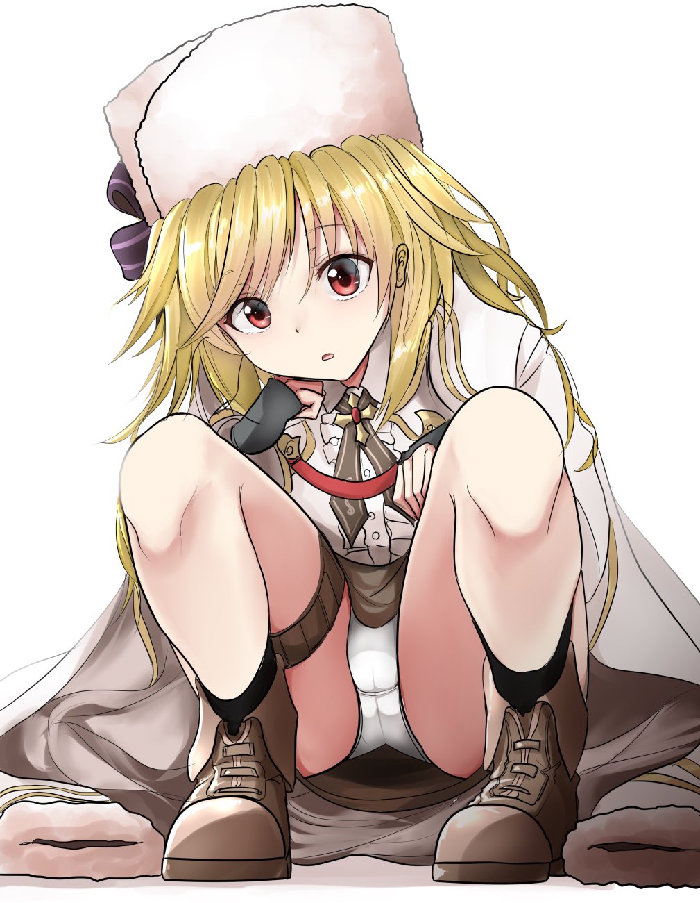 1girl bangs black_gloves blonde_hair brown_skirt commentary_request eyebrows_visible_through_hair fingerless_gloves fur_hat girls_frontline gloves hair_between_eyes hat highres jacket long_hair long_sleeves looking_at_viewer nagant_revolver_(girls_frontline) panties pantyshot pantyshot_(squatting) red_eyes shirt shoes simple_background skirt solo squatting take_(trude1945oneetyan) thigh_strap underwear white_background white_panties white_shirt
