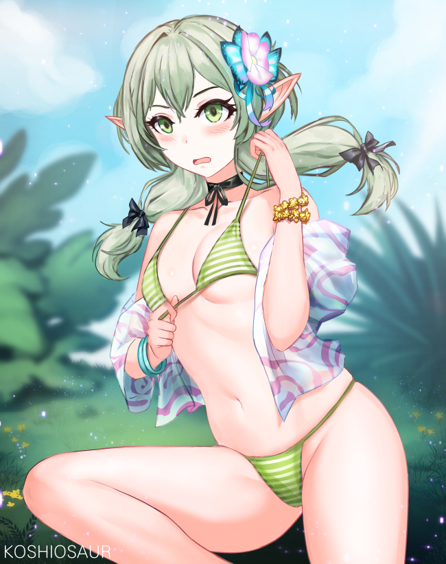 1girl bikini black_choker black_ribbon blush breasts choker day elf flower goblin_slayer! green_bikini green_eyes green_hair hair_flower hair_ornament hair_ribbon high_elf_archer_(goblin_slayer!) koshio long_hair low_twintails navel pale_skin pointy_ears ribbon ribbon_choker small_breasts solo striped striped_bikini swimsuit twintails unaligned_breasts underboob