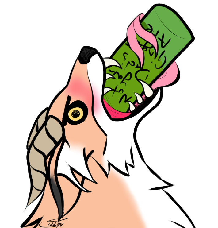 alcohol ale beer beverage black_fur brown_fur canid canine dragon draixen drinking drunk flushed forked_tongue fox fur ginger horn hybrid inner_ear_fluff mammal open_mouth scaled scaledfox tongue white_fur yellow_eyes