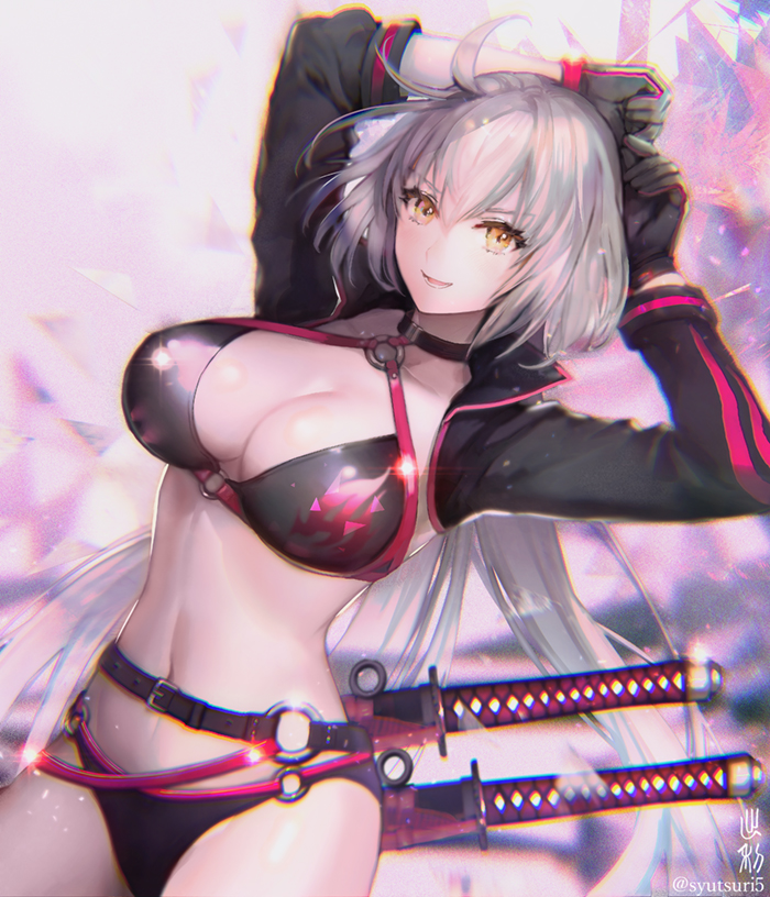 1girl ahoge arms_behind_head arms_up belt bikini black_bikini black_gloves breasts cleavage collarbone double_vertical_stripe fate/grand_order fate_(series) gloves halterneck jeanne_d'arc_(alter_swimsuit_berserker) jeanne_d'arc_(fate)_(all) large_breasts long_hair long_sleeves looking_at_viewer military military_uniform naval_uniform o-ring o-ring_bikini orange_eyes pale_skin parted_lips sheath sheathed shrug shutsuri silver_hair smile solo sparkle stomach_bulge swimsuit sword twitter_username uniform v-shaped_eyebrows very_long_hair weapon weapon_on_back
