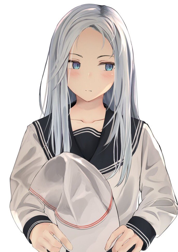 1girl alternate_hairstyle bangs blue_eyes blush closed_mouth collarbone hat hat_removed headwear_removed hibiki_(kantai_collection) holding holding_hat ikashun kantai_collection long_hair long_sleeves looking_to_the_side remodel_(kantai_collection) school_uniform serafuku silver_hair simple_background solo upper_body verniy_(kantai_collection) white_background