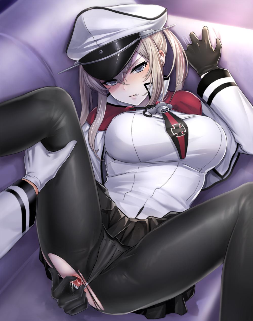 1girl anus bangs black_gloves black_legwear black_skirt blonde_hair blue_eyes blush breasts capelet clenched_teeth couch eyebrows_visible_through_hair gloves graf_zeppelin_(kantai_collection) hair_between_eyes hat highres iron_cross kantai_collection lips long_hair lying military military_hat military_uniform on_back panties pantsu_majirou pantyhose peaked_cap sidelocks skirt spread_anus teeth torn_clothes twintails uncensored underwear uniform white_gloves white_panties