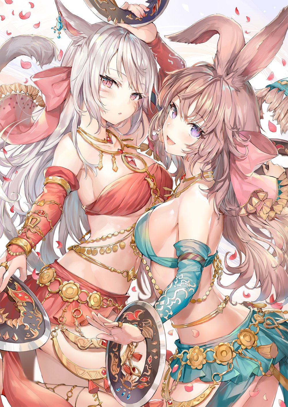 2girls :d :o animal_ears aqua_skirt arm_up armpits bandeau bare_shoulders blurry breasts bridal_gauntlets brown_hair bunny_ears bunny_girl cat_ears cat_girl cat_tail chakram collarbone commentary_request cowboy_shot dancer_(fft) detached_sleeves facial_mark final_fantasy final_fantasy_tactics final_fantasy_xiv hair_ribbon harem_outfit highres holding holding_weapon jewelry leg_up long_hair looking_at_viewer medium_breasts midriff miniskirt miqo'te momoko_(momopoco) multiple_girls navel neck_ring open_mouth parted_lips petals pink_ribbon pink_skirt purple_eyes red_eyes ribbon silver_hair skirt slit_pupils smile standing standing_on_one_leg stomach tail tassel viera weapon
