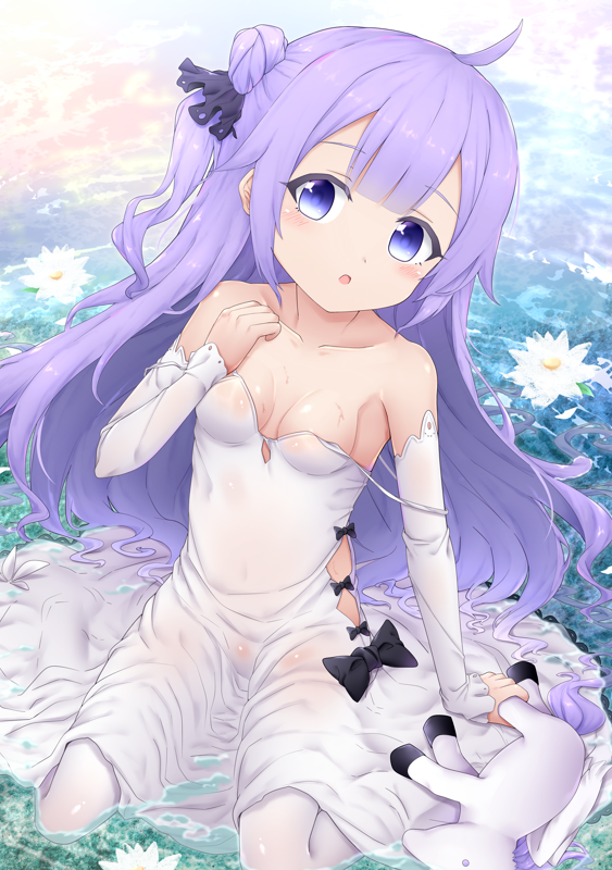 1girl :o azur_lane bangs bare_shoulders black_bow black_ribbon bow breasts collarbone commentary detached_sleeves dress english_commentary eyebrows_visible_through_hair flower hair_bun hair_ribbon isa long_hair long_sleeves looking_at_viewer lotus parted_lips purple_eyes purple_hair ribbon shallow_water side_bun sitting small_breasts solo strap_slip stuffed_alicorn stuffed_animal stuffed_toy thighhighs unicorn_(azur_lane) very_long_hair wariza water wet wet_clothes wet_dress white_dress white_flower white_legwear white_sleeves