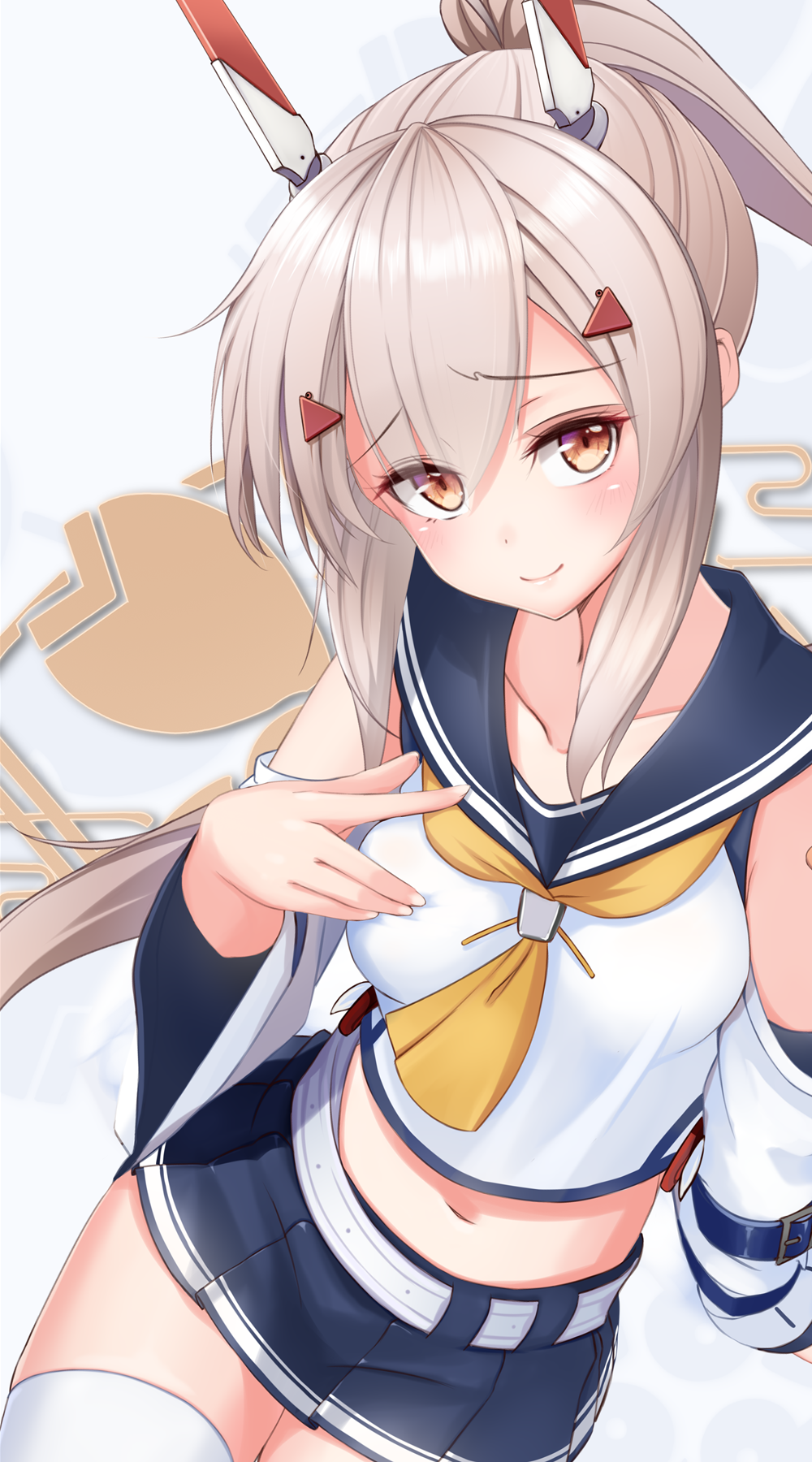 1girl ayanami_(azur_lane) azur_lane bare_shoulders belt blue_sailor_collar blue_skirt breasts brown_hair closed_mouth collarbone commentary_request crop_top detached_sleeves hair_ornament highres long_hair long_sleeves looking_at_viewer midriff miniskirt navel neckerchief pleated_skirt ponytail red_eyes remodel_(azur_lane) risemu_(c_liesem) sailor_collar shirt sidelocks skirt small_breasts smile solo thighhighs very_long_hair white_legwear white_shirt wide_sleeves zettai_ryouiki
