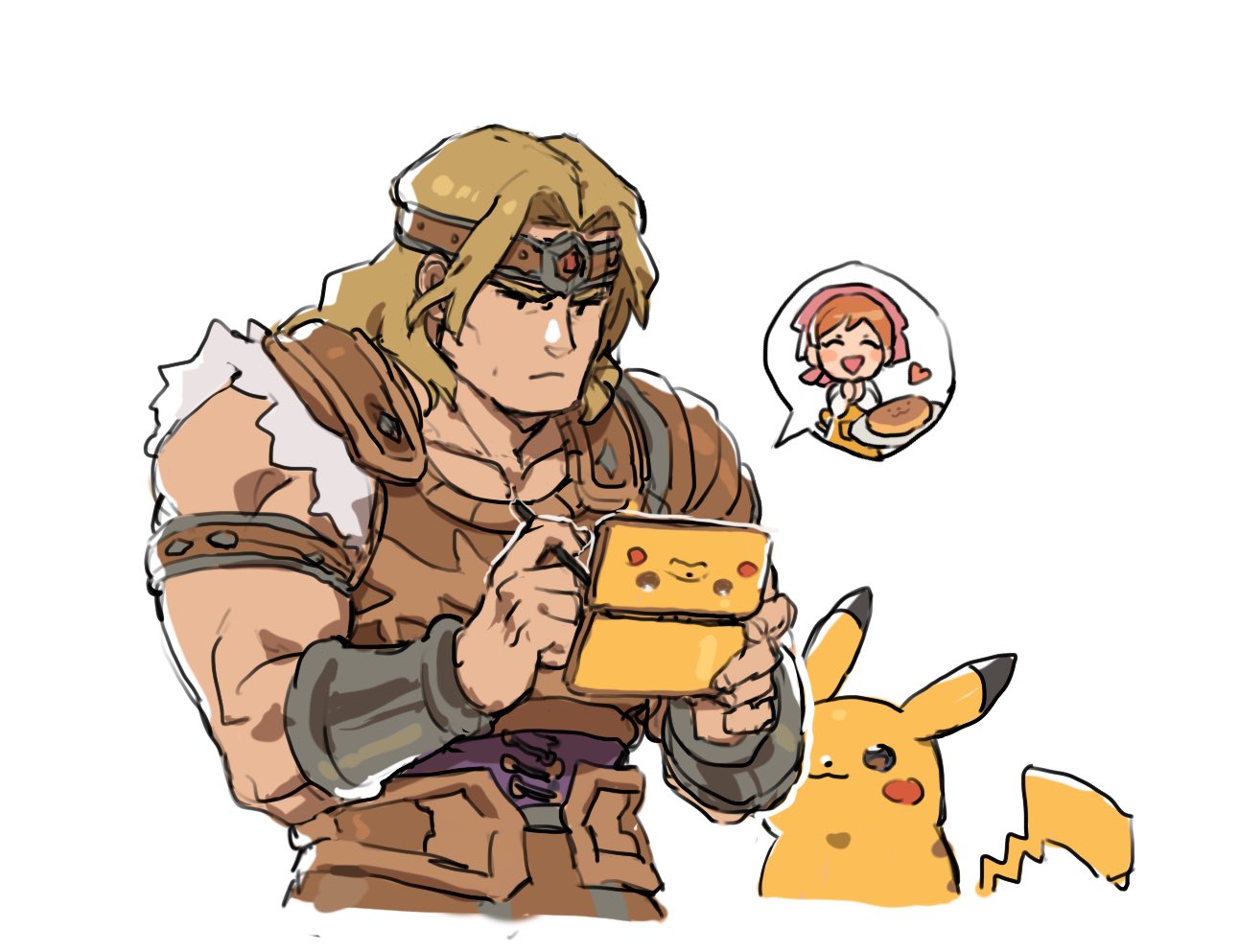 1boy akiyoku armor belt blonde_hair blue_eyes castlevania chibi cooking_mama gen_1_pokemon handheld_game_console headband long_hair looking_at_viewer male_focus muscle nintendo_3ds open_mouth pikachu pokemon pokemon_(creature) short_hair simon_belmondo simple_background smile solo super_smash_bros. white_background