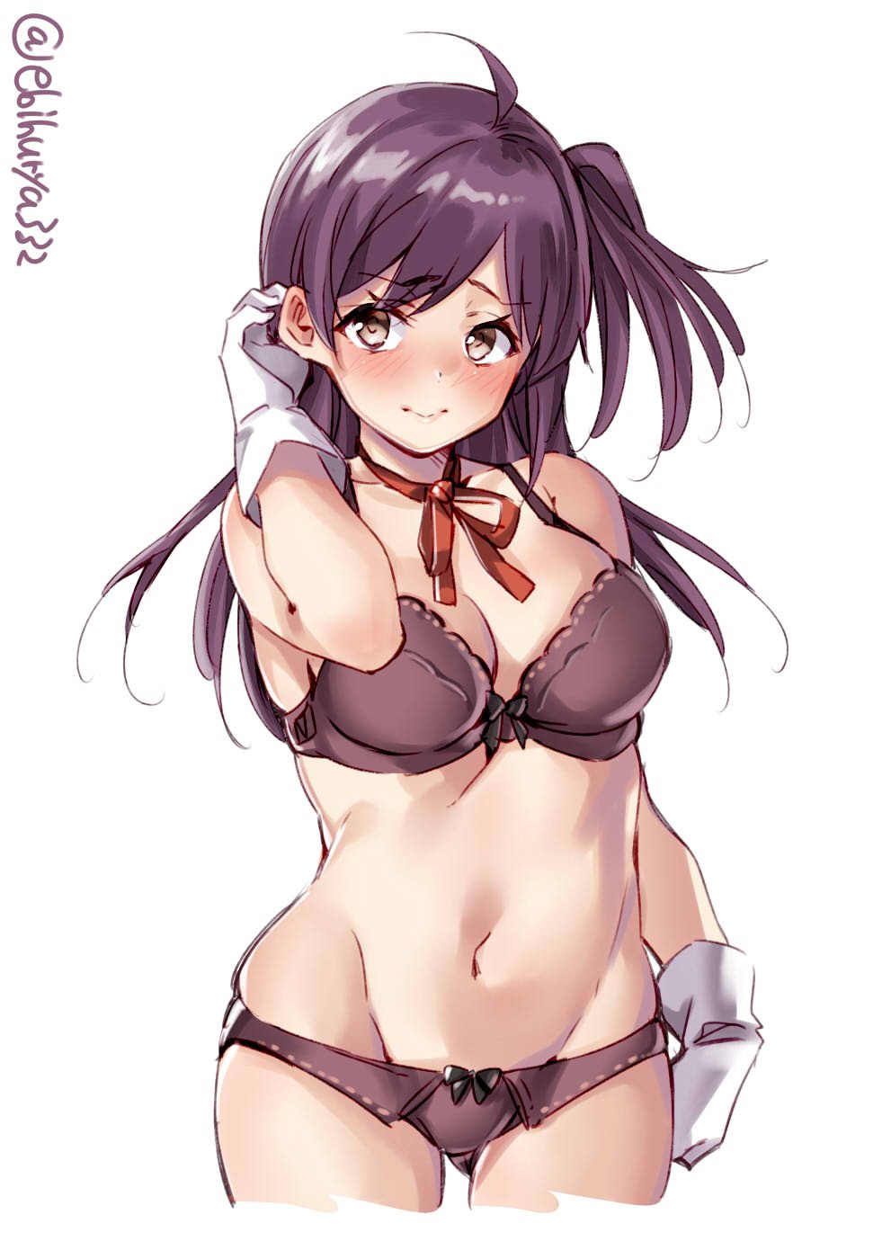1girl ahoge arm_up ass_visible_through_thighs bangs bare_shoulders blush bow bow_bra bow_panties bra breasts brown_eyes closed_mouth collarbone commentary_request cowboy_shot cropped_legs ebifurya eyebrows_visible_through_hair gloves groin hagikaze_(kantai_collection) hair_between_eyes highres kantai_collection large_breasts long_hair looking_at_viewer navel one_side_up panties purple_bra purple_hair purple_panties red_neckwear red_ribbon ribbon simple_background skindentation solo standing twitter_username underwear underwear_only white_background white_gloves