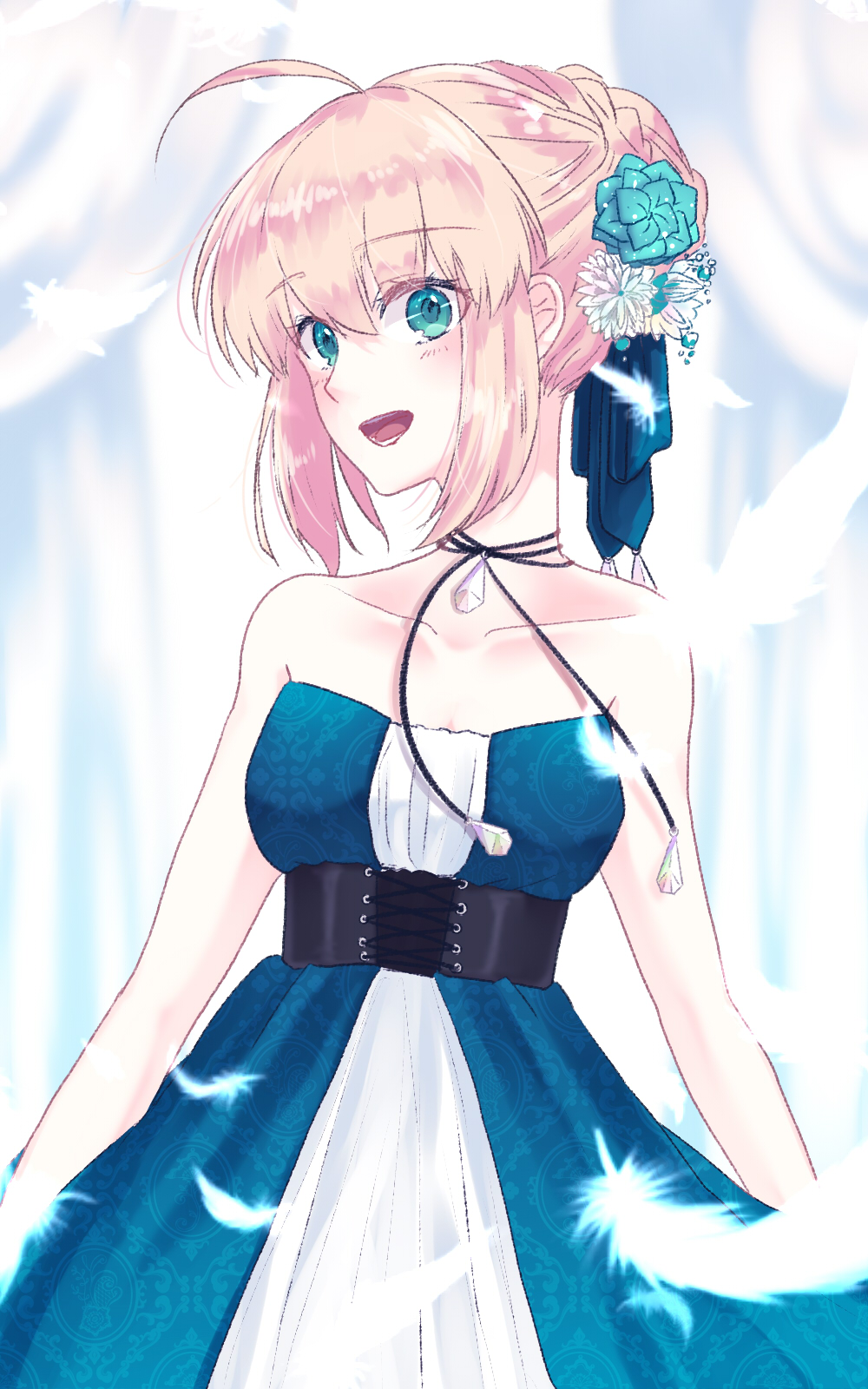 1girl :d ahoge artoria_pendragon_(all) bangs black_ribbon blonde_hair blue_dress blue_eyes blue_flower blue_ribbon blurry blurry_background braided_bun breasts choker cleavage collarbone dress eyebrows_visible_through_hair fate/stay_night fate_(series) flower hair_flower hair_ornament hair_ribbon highres open_mouth ribbon ribbon_choker ro96cu saber shiny shiny_hair short_hair sidelocks sleeveless sleeveless_dress small_breasts smile solo standing striped striped_dress white_flower