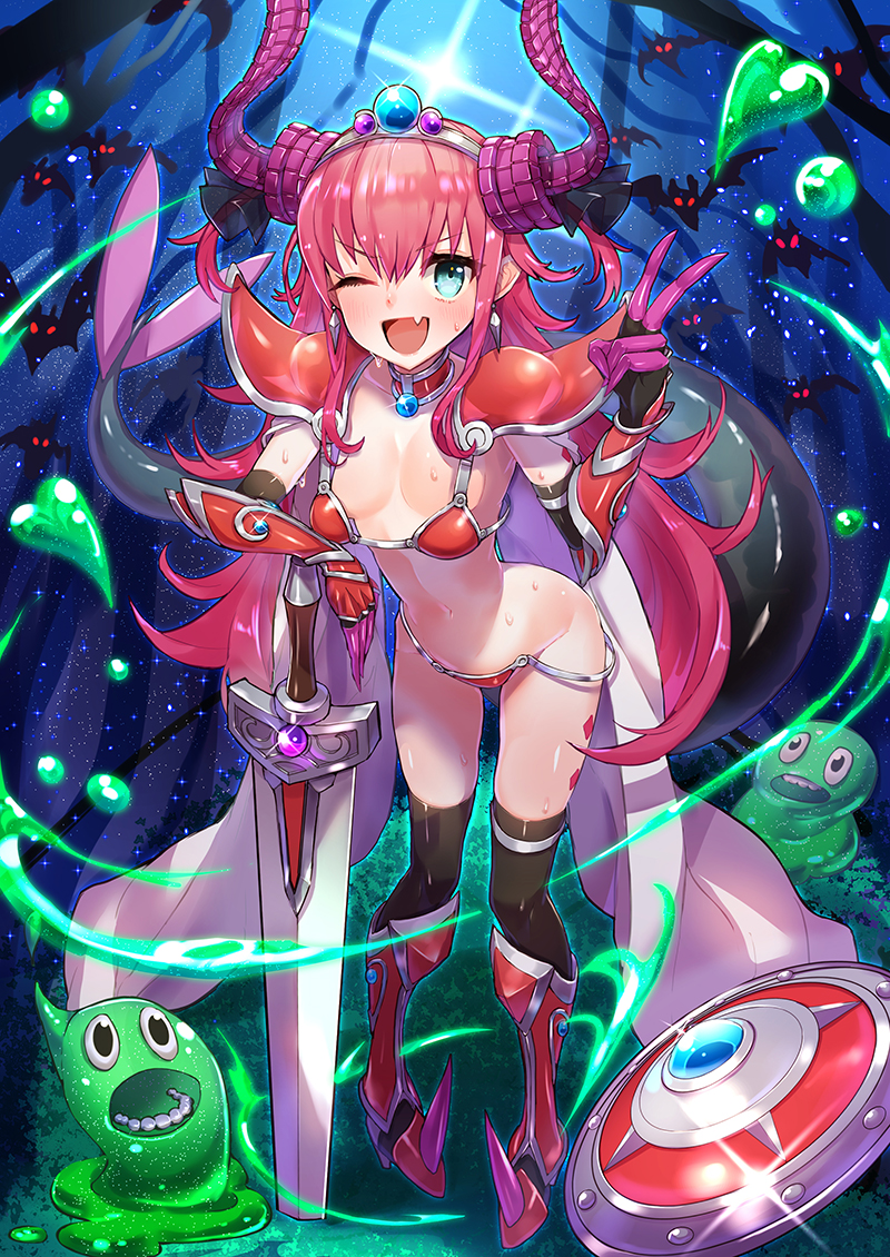 1girl ;d armor armored_boots bikini bikini_armor black_legwear black_sleeves blue_eyes boots breasts cleavage collar collarbone detached_sleeves elizabeth_bathory_(brave)_(fate) elizabeth_bathory_(fate)_(all) fang fate/grand_order fate_(series) hand_on_hilt horns knee_boots leaning_forward long_hair long_sleeves looking_at_viewer one_eye_closed open_mouth outdoors pink_hair red_bikini red_footwear shield shoulder_armor slime small_breasts smile solo spaulders sweat swimsuit sword thighhighs toshi_gahara v very_long_hair weapon