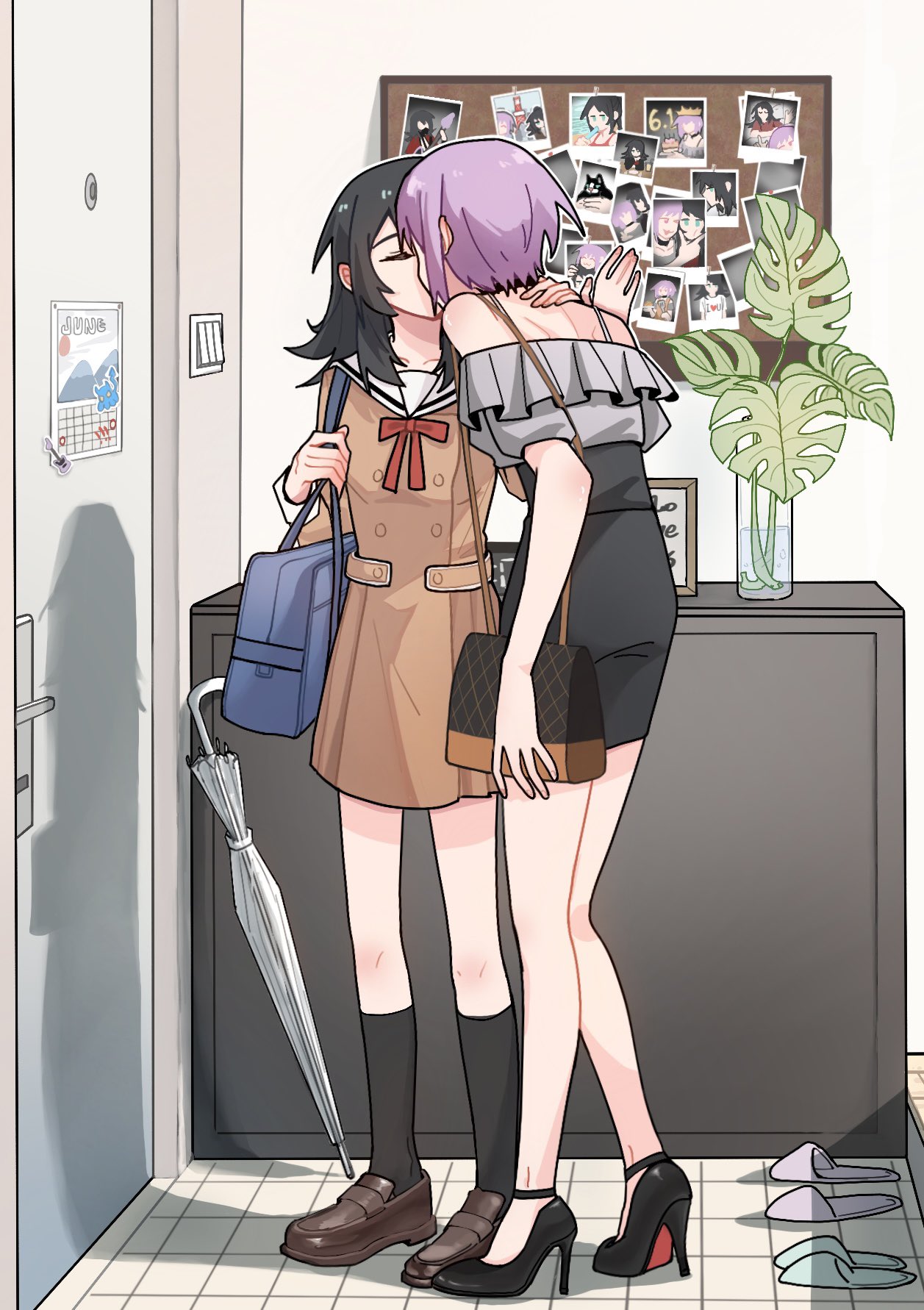 2girls bag bang_dream! bang_dream!_it's_mygo!!!!! black_hair black_shoes black_skirt black_socks brown_dress brown_shoes calendar_(object) closed_eyes closed_umbrella dress grey_shirt hanasakigawa_school_uniform hand_on_another's_neck handbag high-waist_skirt high_heels highres indoors loafers long_hair multiple_girls off-shoulder_shirt off_shoulder polaroid_photo purple_hair sailor_collar sailor_dress school_bag school_uniform shirt shoes short_hair skirt slippers socks umbrella vase white_sailor_collar xiaowu0074 yahata_umiri yuri yuutenji_nyamu