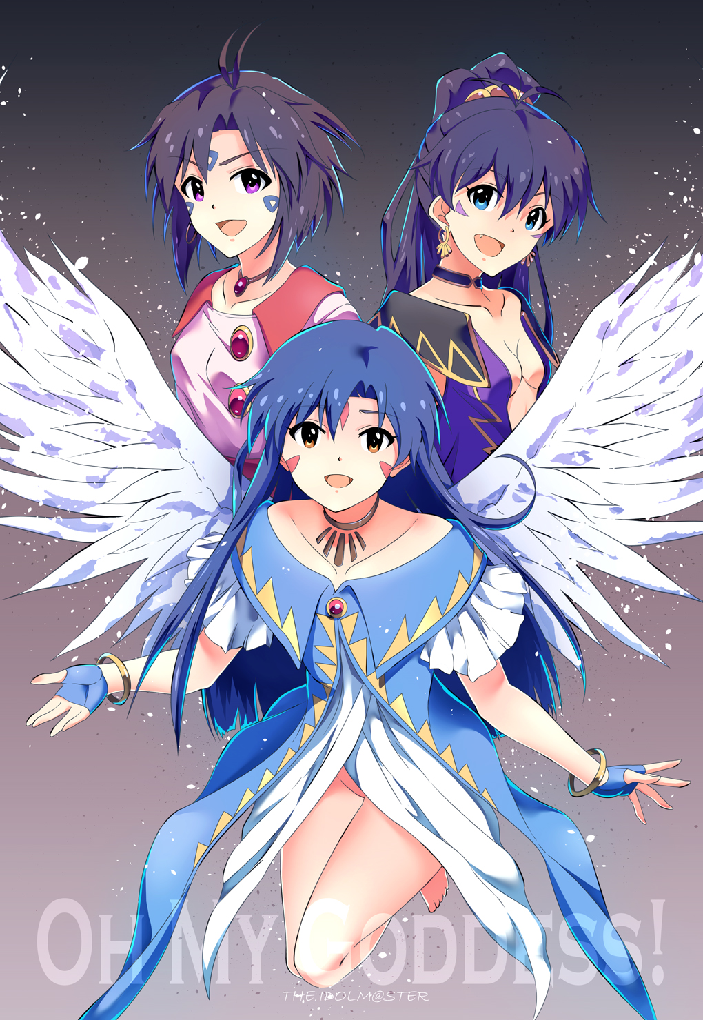 3girls aa_megami-sama bare_shoulders barefoot belldandy belldandy_(cosplay) black_hair blue_eyes blue_hair breasts brown_eyes cleavage copyright_name cosplay eyebrows_visible_through_hair facial_mark fang feathered_wings fingerless_gloves forehead_mark frills ganaha_hibiki gloves highres idolmaster jewelry kikuchi_makoto kisaragi_chihaya long_hair multiple_girls necklace ns.x open_mouth ponytail purple_eyes skuld skuld_(cosplay) small_breasts urd urd_(cosplay) wings