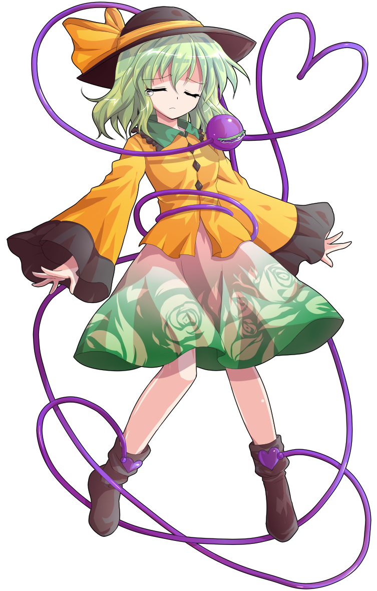 1girl alphes_(style) black_hat bow buttons closed_eyes closed_mouth commentary_request dairi diamond_button eyeball facing_viewer floral_print frilled_shirt_collar frills full_body green_hair green_skirt hat hat_bow heart heart_of_string komeiji_koishi large_variant_set long_sleeves medium_hair parody print_skirt rose_print shirt simple_background skirt solo style_parody tachi-e tearing_up tears third_eye touhou transparent_background variant_set wide_sleeves yellow_bow yellow_shirt