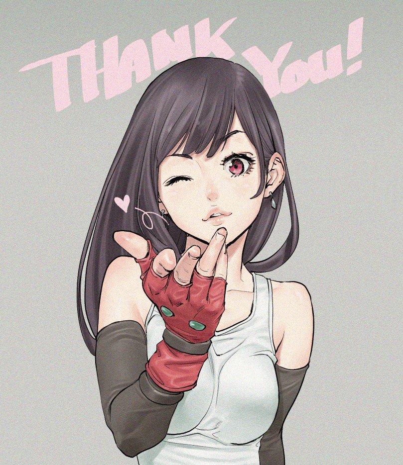 1girl bangs bare_shoulders black_skirt blown_kiss blush breasts collarbone earrings elbow_gloves english_text final_fantasy final_fantasy_vii fingerless_gloves gloves grey_background heart jewelry kiss long_hair looking_at_viewer one_eye_closed parted_lips red_gloves shinya_komi shirt simple_background skirt solo tank_top taut_clothes taut_shirt thank_you tifa_lockhart upper_body