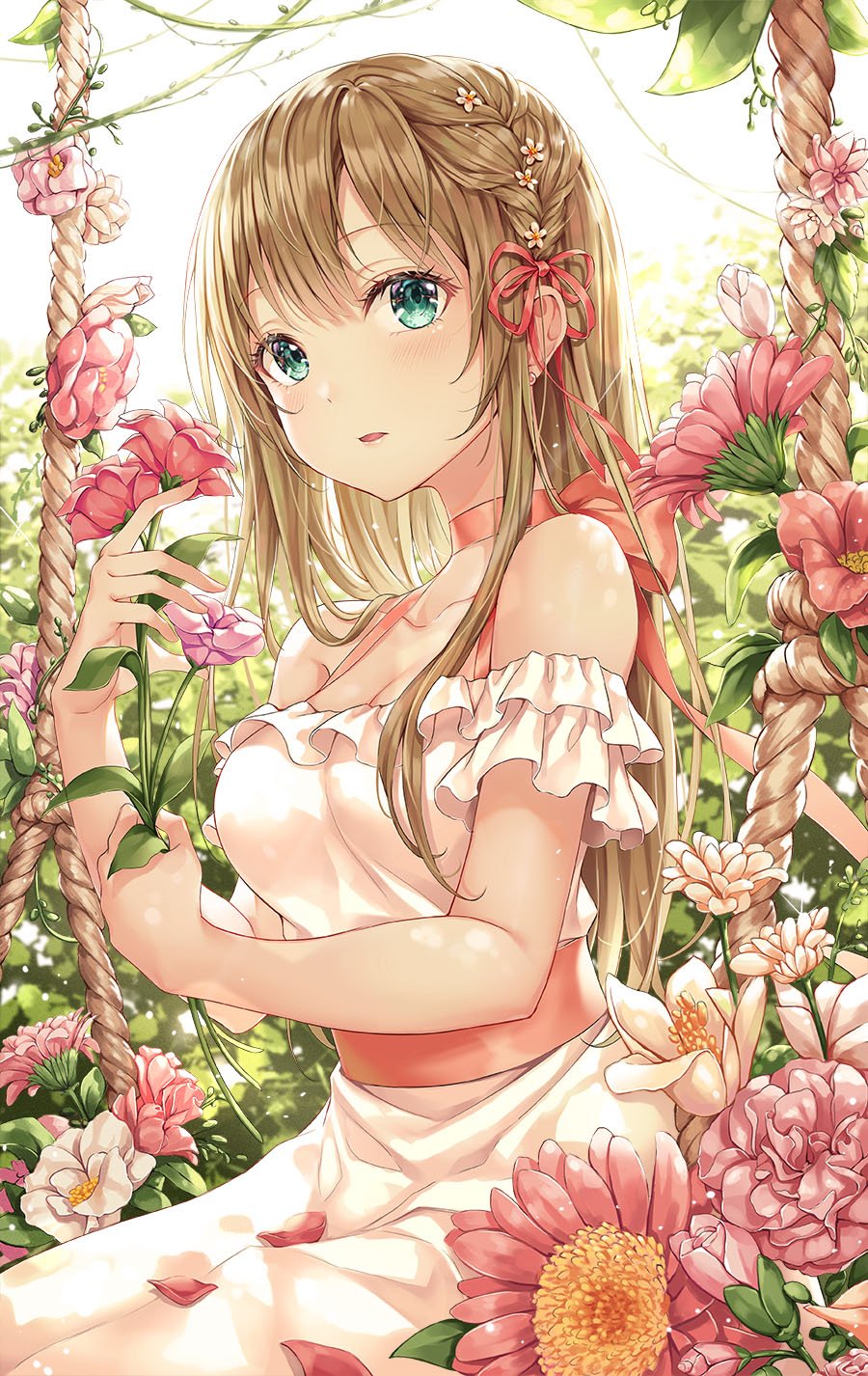 1girl aqua_eyes bare_shoulders breasts brown_hair choker cleavage collarbone dress flower hair_flower hair_ornament highres holding holding_flower long_hair looking_at_viewer medium_breasts original parted_lips petals pink_flower r_o_ha ribbon_choker sidelocks sitting sleeveless sleeveless_dress solo white_dress