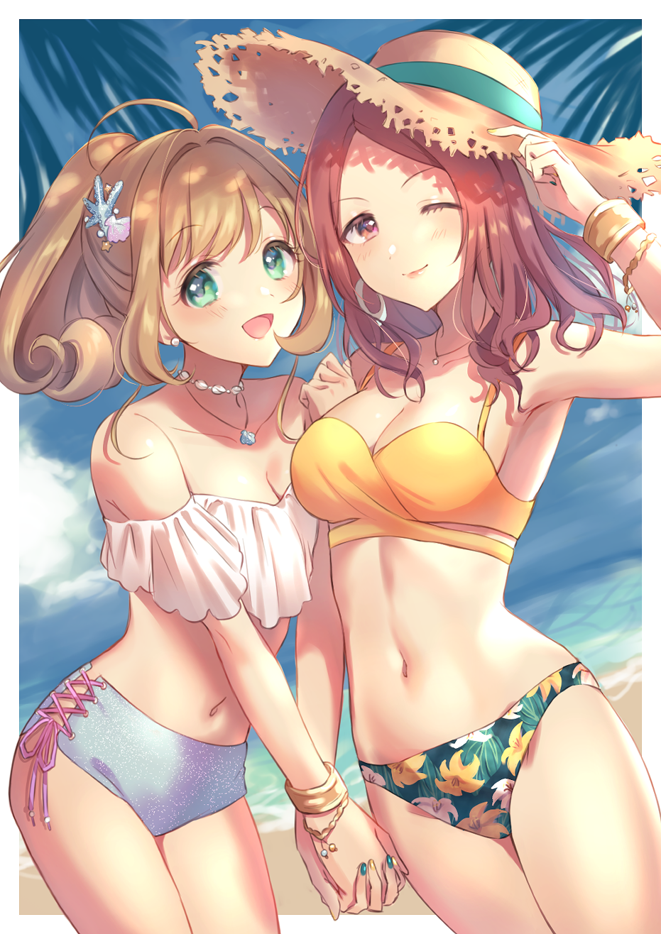 2girls ahoge anoa beach bikini blue_sky bracelet breasts brown_eyes brown_hair cleavage cloud collarbone cowboy_shot day floral_print green_eyes hat highres holding_hands idolmaster idolmaster_cinderella_girls jewelry light_brown_hair long_hair looking_at_viewer medium_breasts mismatched_bikini multiple_girls nail_polish navel one_eye_closed outdoors ponytail satou_shin sawada_marina short_shorts shorts sky standing straw_hat sun_hat swimsuit white_shorts yellow_bikini_top