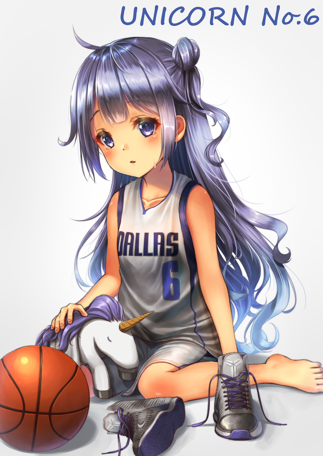 1girl alternate_costume azur_lane basketball basketball_uniform blue_background dallas_mavericks highres long_hair national_basketball_association purple_eyes purple_hair shoes shoes_removed sneakers sportswear stuffed_animal stuffed_toy unicorn_(azur_lane) yakkuro