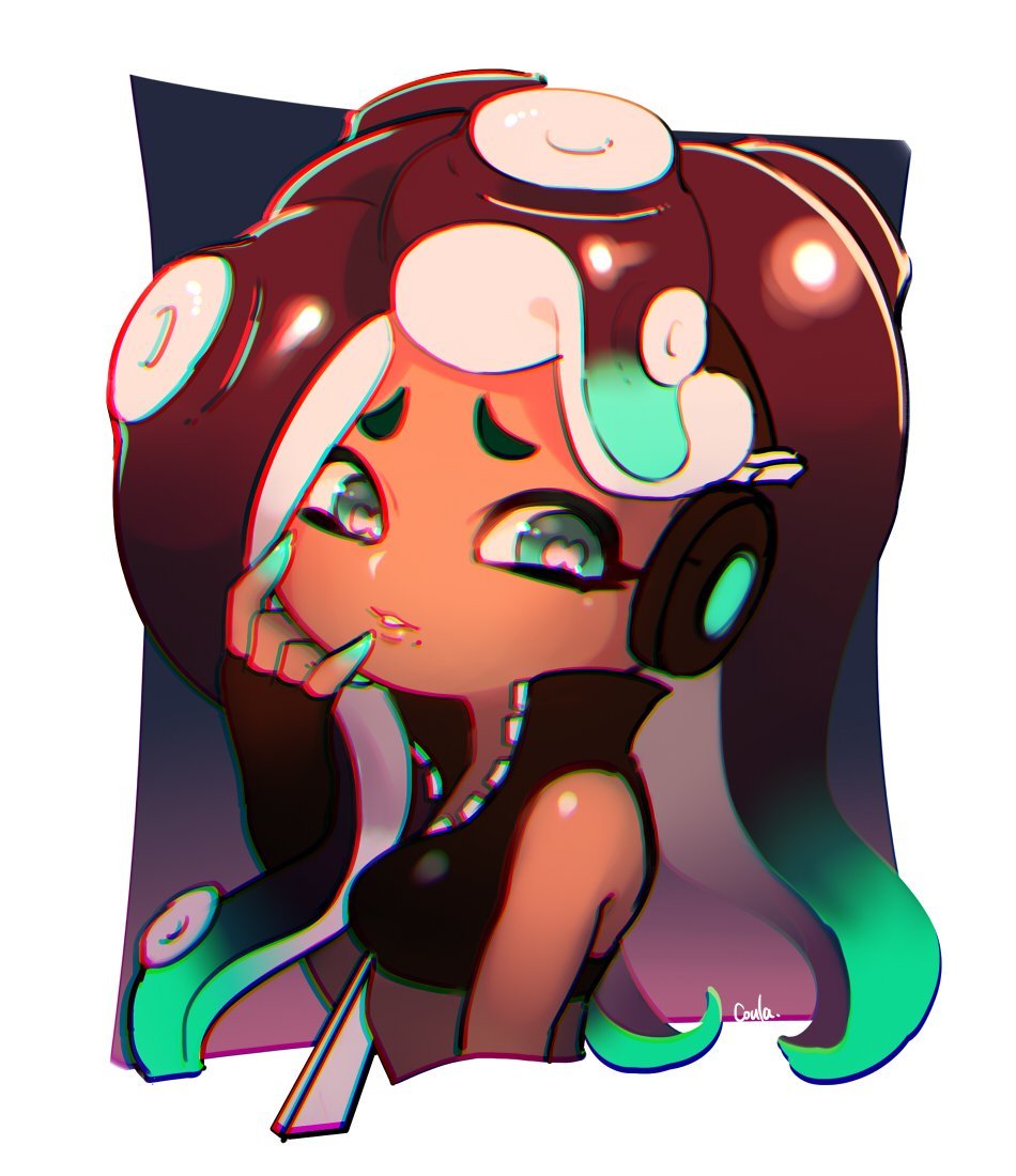 1girl \n/ artist_name black_hair black_shirt blurry blurry_background cephalopod_eyes commentary coula_cat crop_top cropped_torso dark_skin fingerless_gloves gloves gradient_hair green_eyes green_hair hand_on_own_face headphones iida_(splatoon) light_smile lips long_hair looking_at_viewer makeup mascara mole mole_under_mouth multicolored multicolored_hair multicolored_skin octarian outside_border parted_lips pink_pupils pointy_ears shirt signature sleeveless sleeveless_shirt solo splatoon_(series) splatoon_2 suction_cups tentacle_hair upper_body zipper zipper_pull_tab