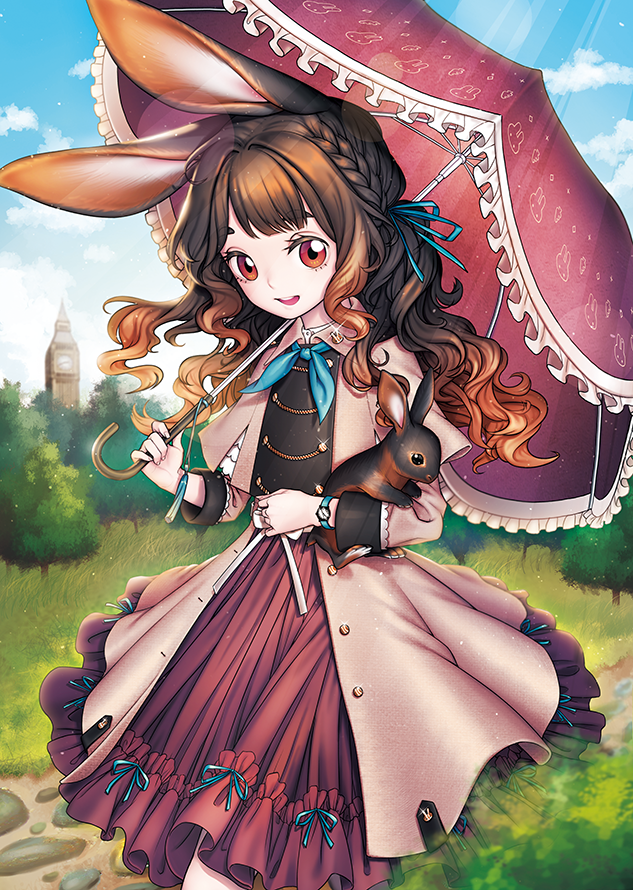 1girl animal_ears blue_ribbon blue_sky braid brown_eyes brown_hair bunny bunny_ears clock clock_tower day dress holding holding_umbrella jewelry lantam long_hair looking_at_viewer original ouside outdoors over_shoulder parasol ribbon ring sky smile solo standing tower umbrella watch wristwatch