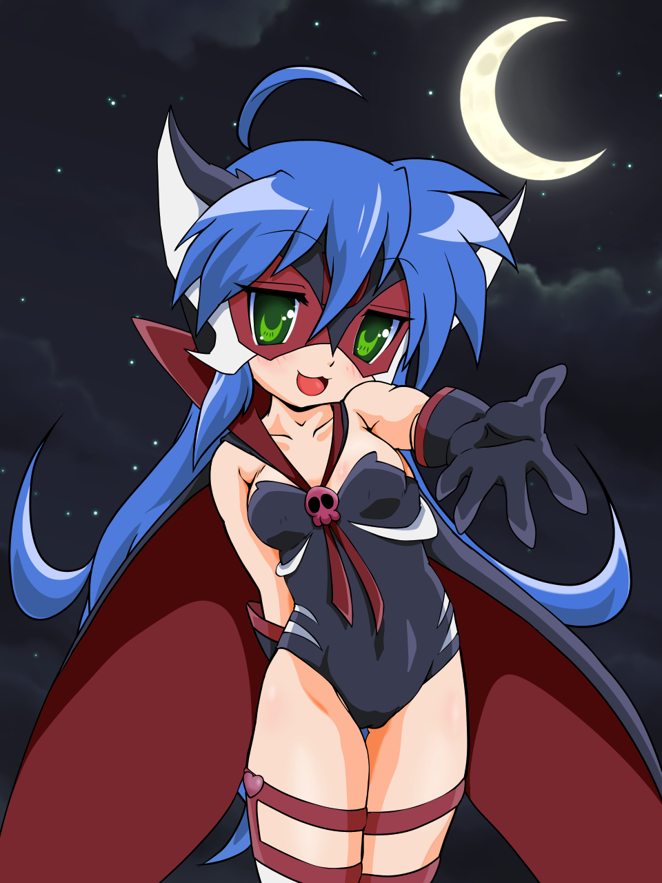 1girl ahoge blue_hair blush cape cosplay doronjo doronjo_(cosplay) gloves green_eyes highres izumi_konata leotard long_hair lucky_star lupus mask moon night night_sky open_mouth sky smile solo time_bokan_(series) yatterman yoru_no_yatterman