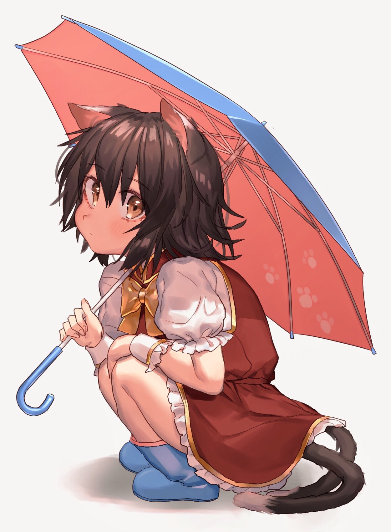1girl animal_ears bangs black_hair blue_footwear blush boots bow bowtie brown_eyes cat_ears cat_tail chen commentary_request dress eyebrows_visible_through_hair grey_background hair_between_eyes highres holding holding_umbrella looking_at_viewer masanaga_(tsukasa) multiple_tails nekomata no_hat no_headwear paw_print petticoat puffy_short_sleeves puffy_sleeves red_dress shadow shirt short_dress short_hair short_sleeves simple_background solo squatting tail touhou two_tails umbrella white_shirt yellow_bow yellow_neckwear