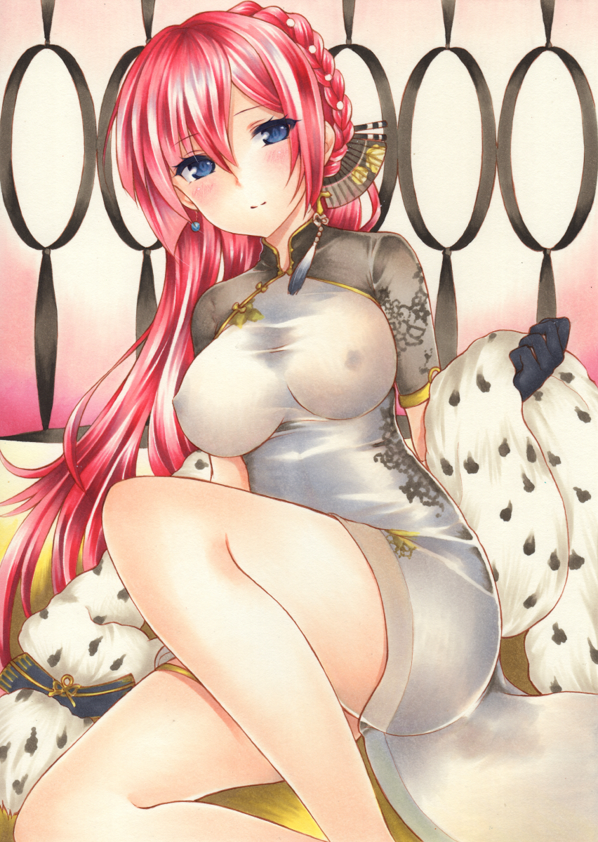 1girl azur_lane black_gloves blue_eyes blush braid breasts china_dress chinese_clothes covered_nipples dress earrings eyebrows_visible_through_hair feather_boa gloves hair_between_eyes highres impossible_clothes impossible_dress jewelry large_breasts long_hair looking_at_viewer marker_(medium) monarch_(azur_lane) red_hair sidelocks traditional_media yoruoujito-tsukinohime