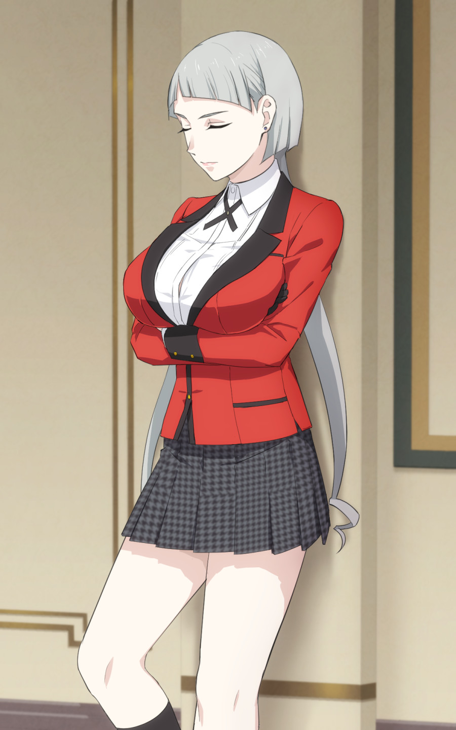 1girl against_wall bangs black_legwear black_skirt blunt_bangs breast_hold breasts closed_eyes crossed_arms earrings highres honebami_miroslava jewelry kakegurui large_breasts lips long_hair mushiro_(nijie728995) pleated_skirt silver_hair skirt twintails very_long_hair