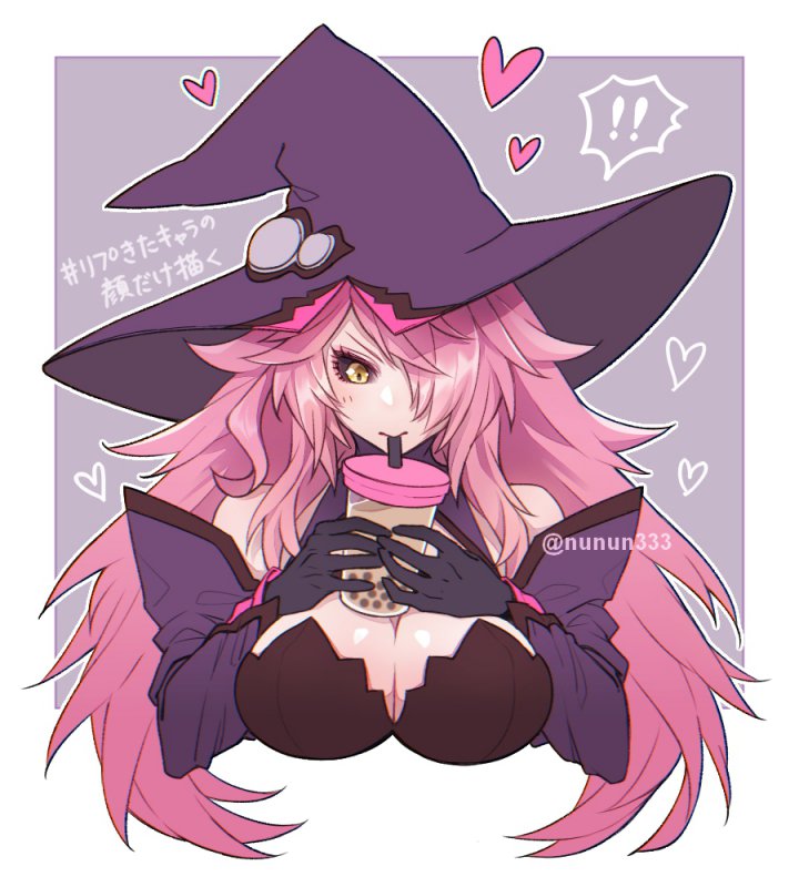 ! !! 1girl bare_shoulders black_sclera blazblue breasts bubble_tea bubble_tea_challenge cleavage cup detached_sleeves disposable_cup drink drinking_straw forked_eyebrows gloves hair_over_one_eye hat heart holding holding_cup konoe_a_mercury large_breasts long_hair nunun simple_background solo speech_bubble spoken_exclamation_mark tea twitter_username witch_hat yellow_eyes